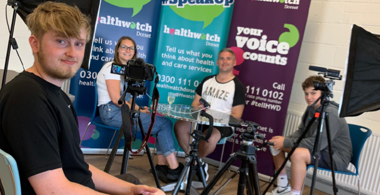 The film crew and Healthwatch Dorset volunteers: Lori, Shannon, Will and Charlie